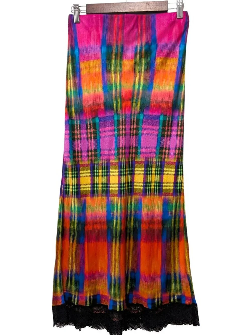 Desigual Womens NWT Size S Neon Tartan Plaid Pull On Lace Hem Trim Slip Skirt - Picture 2 of 10